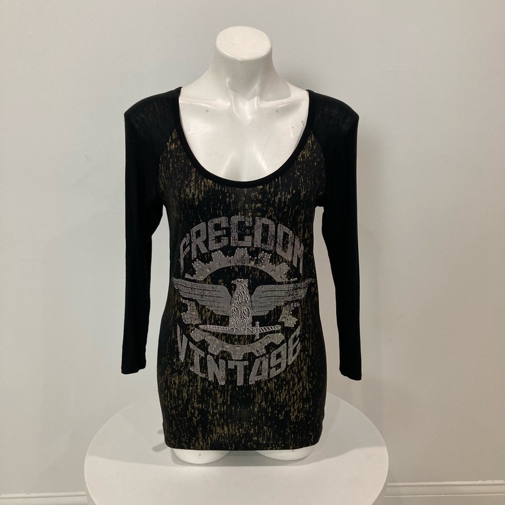 DAYTRIP Freedom Vintage black gold stud 3/4 sleeve shirt S